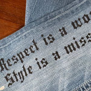 Upcycled MissMe Jeans with Handpainted text and Graphics, 90s vibe